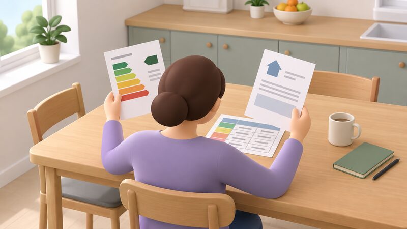 A simplified householder at a kitchen table holds an EPC certificate in one hand and a council tax band letter in the other, comparing both against a printed eligibility table laid out before them, showing that the two conditions are checked together.