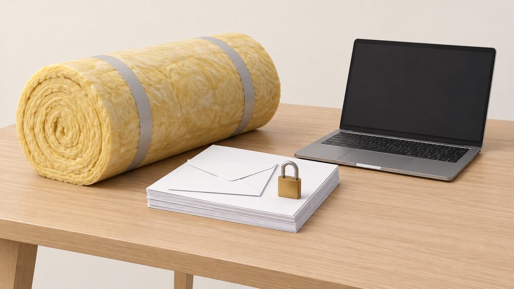 A closed scheme moment: a roll of mineral wool loft insulation lying on a table beside a blank-screen laptop, a sealed envelope and a small padlock resting on top of a stack of blank paperwork.