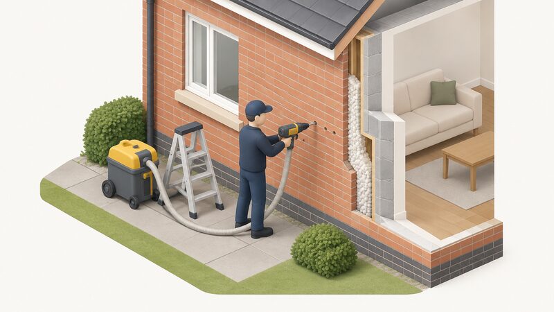 A TrustMark-registered installer in plain work clothing drills into the external brick wall of a house, injecting insulation into the cavity, with a small ladder and equipment bag beside them on the ground.
