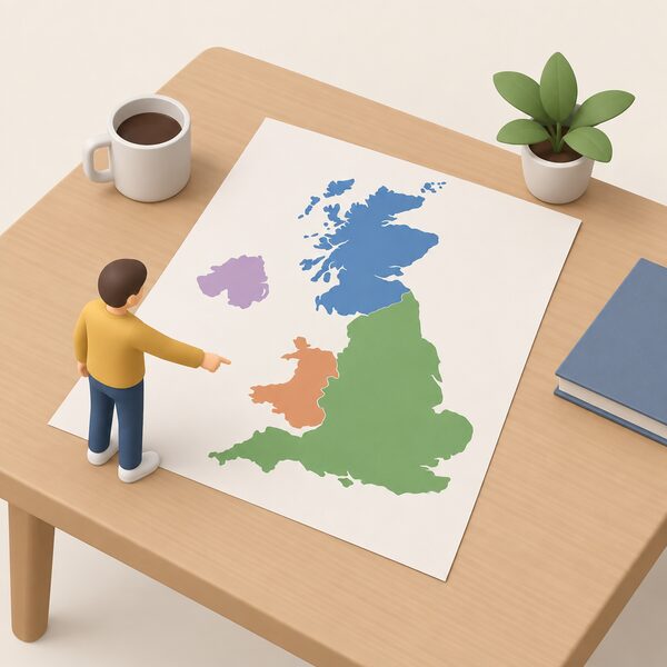 A simplified map of Great Britain showing England, Scotland and Wales as plain colour regions with Northern Ireland shaded differently and set apart, drawn as a printed sheet lying on a table beside a small isometric figure pointing at the shaded mainland.