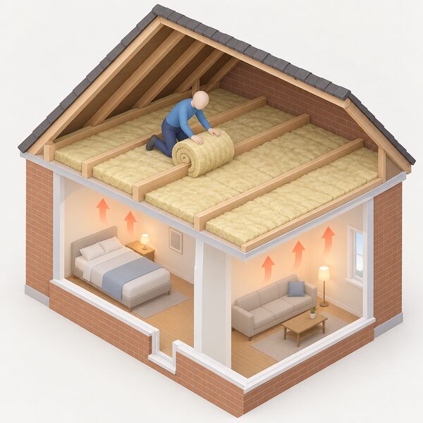 A cutaway view of a home's loft showing a simplified installer kneeling between the joists unrolling a thick blanket of mineral wool insulation across the loft floor, with warm heat shown staying inside the rooms below.