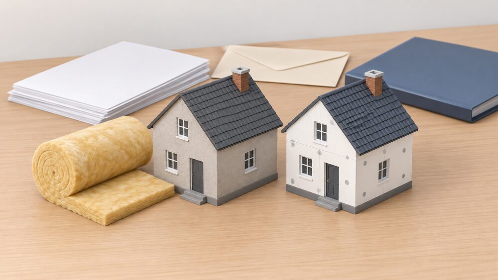 A tabletop scene showing two small model houses side by side on a desk: one plain house with a thick roll of loft insulation laid beside it, the other fully clad in external wall insulation, with blank paperwork, an envelope and a closed folder behind them.