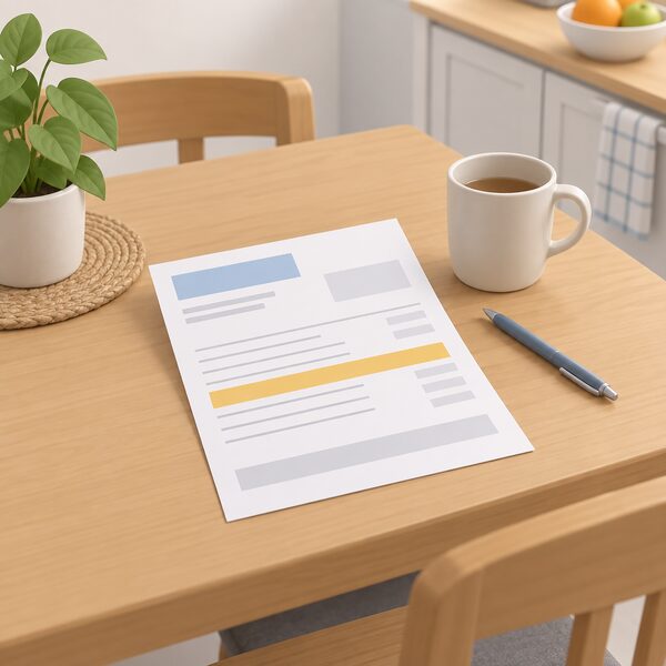 A paper household energy bill lying on a kitchen table, drawn as a physical document with blank lines and a plain highlighted colour band standing for the levy line, beside a mug and a pen, with no readable words or figures anywhere on it.