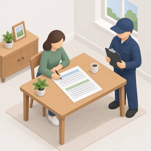 A completed eligibility and pre-installation declaration form lying on a table in a home, with Section A and Section B shown as blank line blocks, beside a pen and a clipboard held by a simplified figure of an installer or householder.