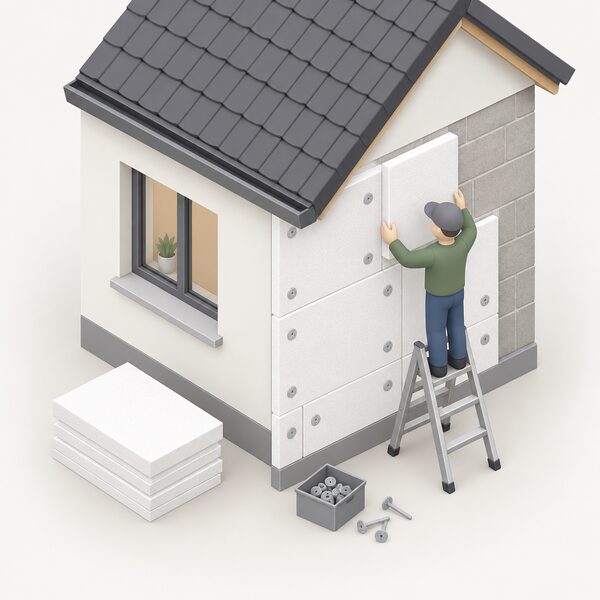 A small isometric installer in plain clothing fitting insulation boards to the external wall of a simple house, standing on a low ladder with fixings and a board in hand, the partly covered wall showing insulation going on.