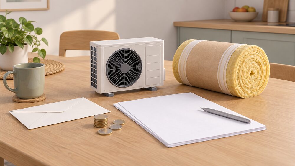 A small model of an air source heat pump outdoor fan unit stands on a kitchen table beside blank application paperwork, a plain envelope and a few coins, with a small loft insulation roll nearby and no solar panel or battery anywhere in the scene.