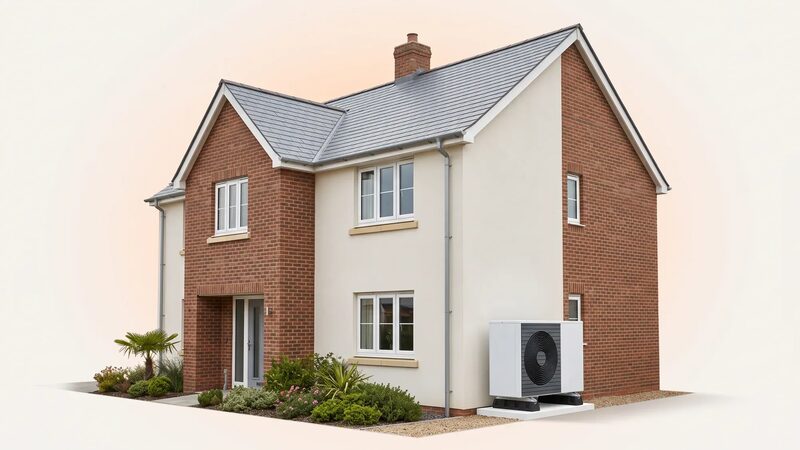 A detached brick house with an air source heat pump unit installed on the outside wall