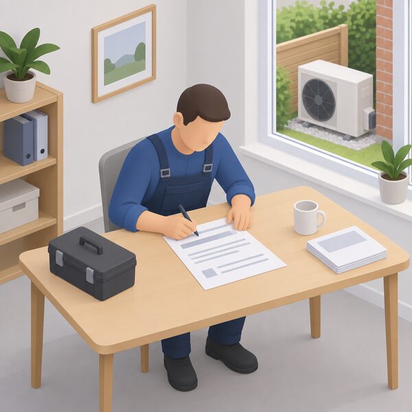 An installer in plain work clothes sits at a table indoors filling in a paper voucher application form, with blank lines and plain blocks for content, a heat pump outdoor unit visible through a nearby window linking the paperwork to the installation.