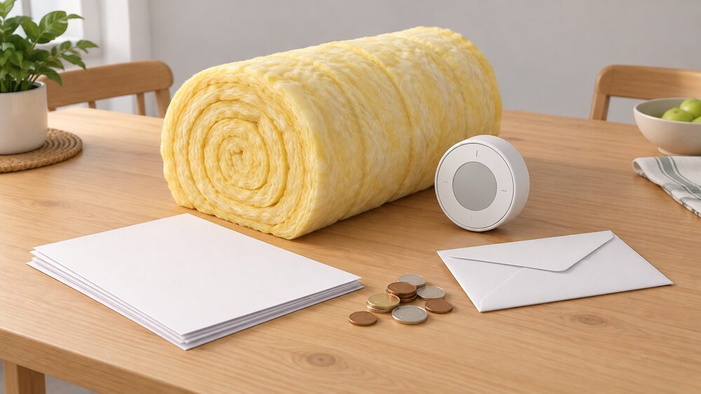 A small tabletop arrangement showing a rolled-up roll of pale yellow loft insulation and a simple round room thermostat placed beside a stack of blank application paperwork, a sealed envelope and a few loose coins, all on a plain kitchen table.