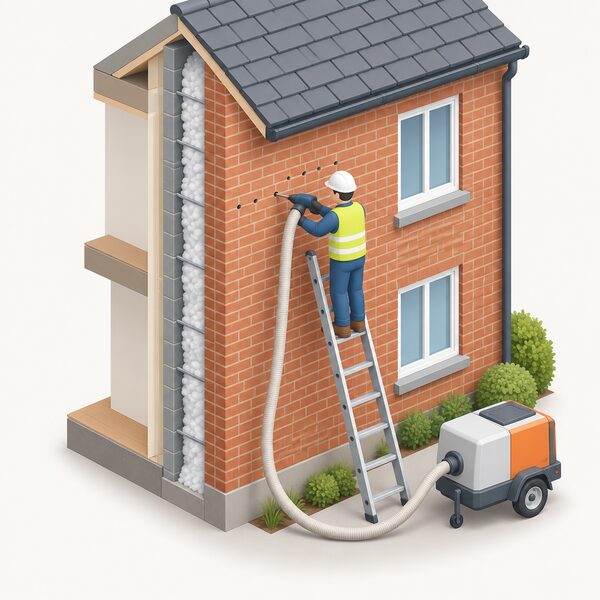 An installer on a ladder at the outside wall of a brick house, drilling small holes into the mortar joints of the cavity wall while a hose from an insulation-blowing machine on the ground feeds into the drill area, showing cavity wall insulation being installed.