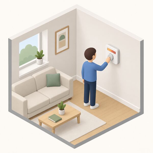 A small digital room thermostat mounted on an interior wall of a home, with a simplified isometric figure reaching toward it to adjust the dial, showing the heating control installed as a secondary measure alongside insulation work.