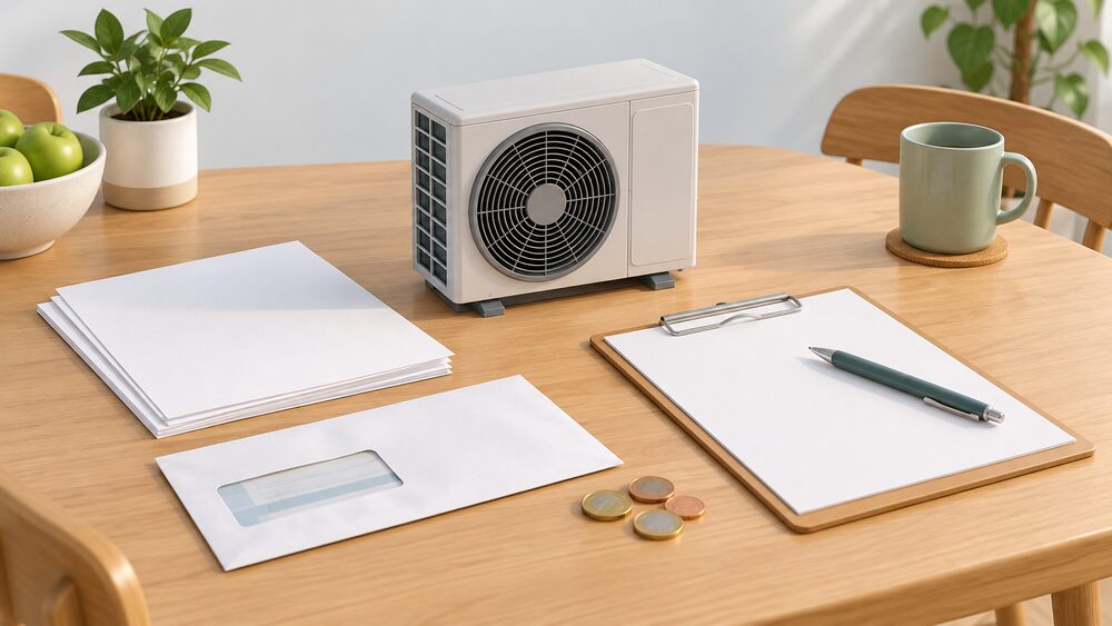 A small model of an air source heat pump unit stands on a kitchen table beside blank application paperwork, a clipboard with a pen, and a long envelope marked only by a window showing a folded bill, with a few coins resting on the papers.