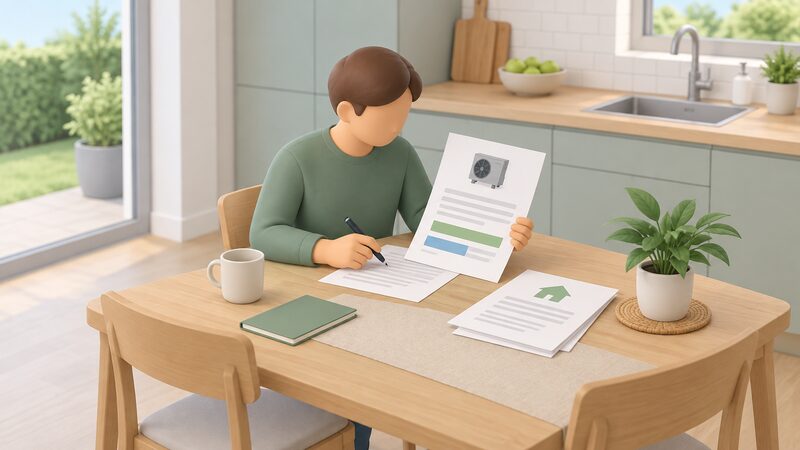 A householder seated at a kitchen table comparing an installer's heat pump quotation with grant paperwork, a pen in hand, with the quote showing a plain colour band representing the deducted grant portion above a shorter remaining balance line.