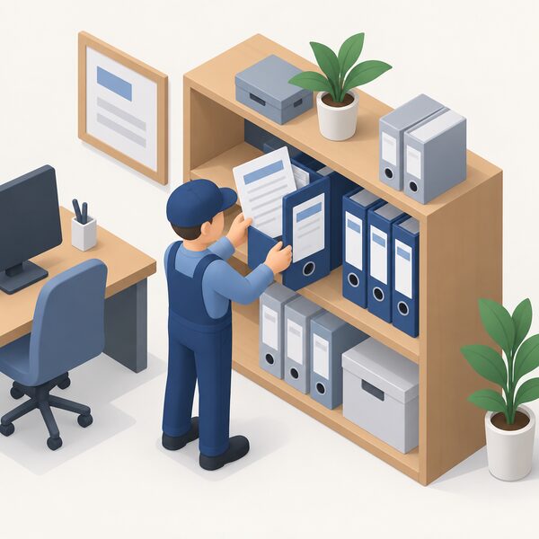 A tidy office shelf where an installer keeps a labelled folder of heat pump installation paperwork, with a small isometric installer figure filing a document into it, ready for any Ofgem audit.