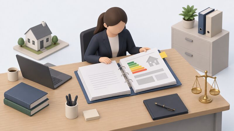 A solicitor's desk during conveyancing, with an open property file whose Energy Performance Certificate sheet is flagged by a coloured tab, a simplified figure reviewing it before exchange.