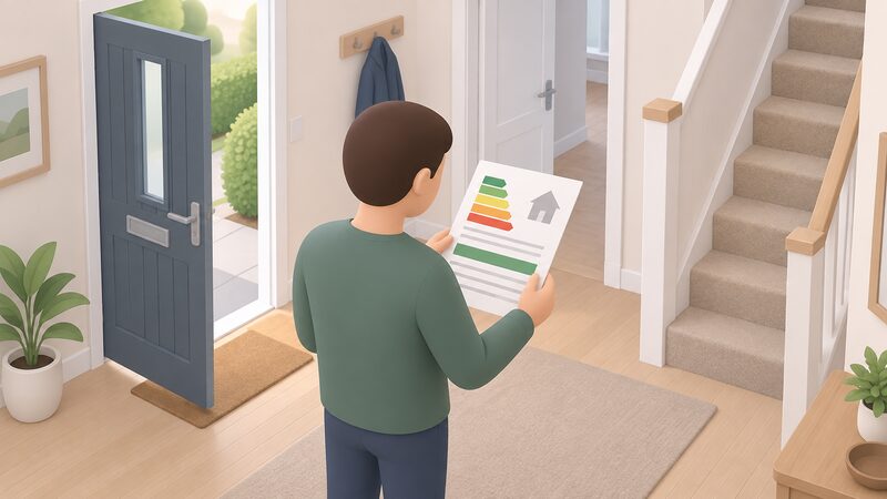 A householder standing in the hallway of a home they are viewing holds and reads a printed Energy Performance Certificate sheet on which a Green Deal plan disclosure appears as a plain colour band with blank lines, the house's entrance and stairs behind them.