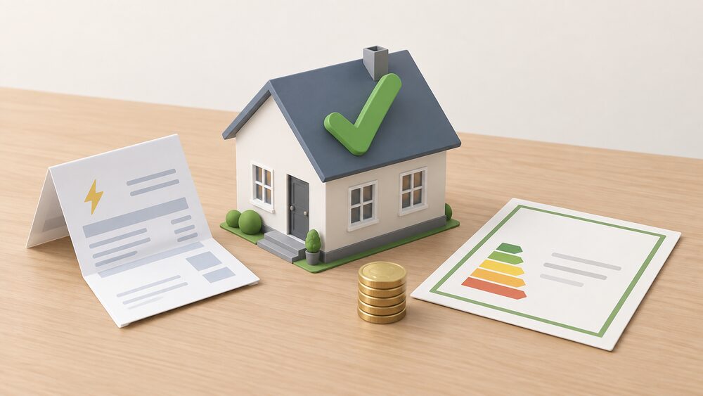 A small model house with a green tick shape on its roof sits on a table beside a folded electricity bill, a blank energy performance certificate document, and a small stack of coins, showing a repayment charge attached to a property rather than to a person.
