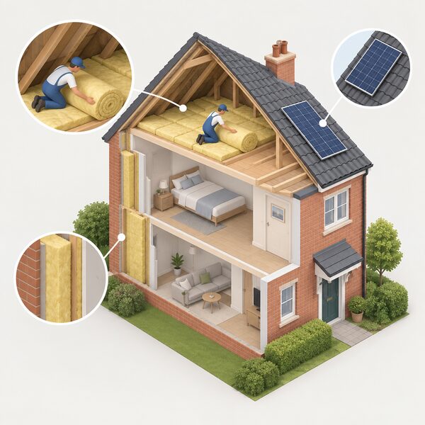 An installer in plain work clothes fitting insulation to the inside of a loft in a cutaway home, with other improvement measures such as wall insulation and a small solar panel suggested as part of the same package of works.