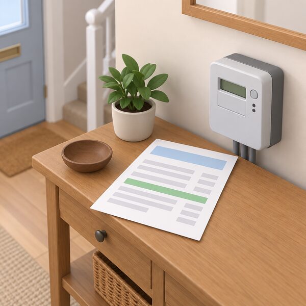 A paper electricity bill lying on a hall table beside an electricity meter, with a plain colour band on the bill standing for the added Green Deal repayment charge among other blank charge lines.