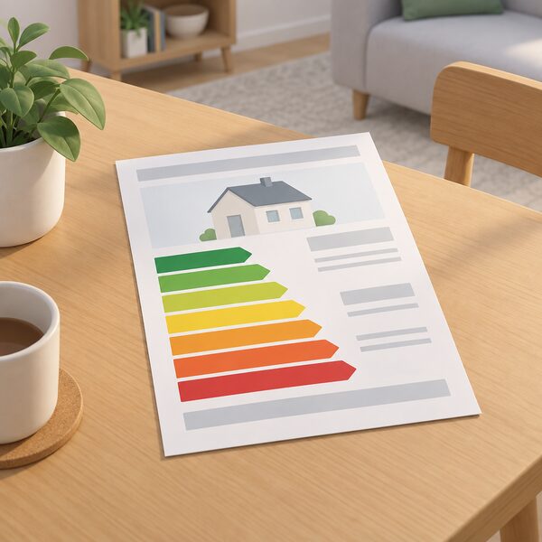 An Energy Performance Certificate as a physical printed document lying on a table in a home, its front page showing the characteristic coloured efficiency chart as plain colour bands from red to green, with no readable words or numbers.