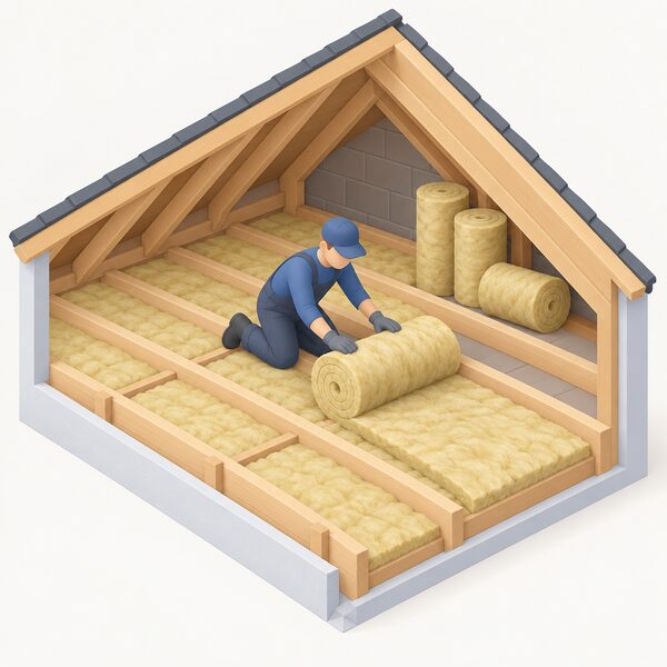 An installer in plain work clothing kneeling in an unfinished loft, unrolling a thick blanket of mineral wool insulation between the timber joists, with rolls of insulation material waiting nearby under the sloping roof.