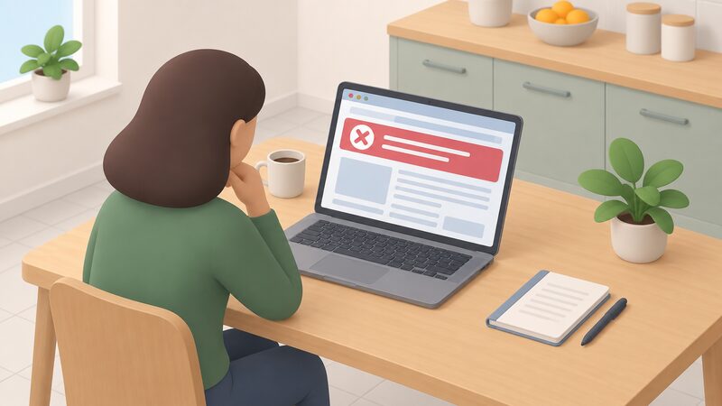 A laptop on a kitchen table showing a council advice webpage with a prominent closed scheme notice band across it, its text shown only as blank lines and plain blocks, with a simplified figure seated beside it reading the page.