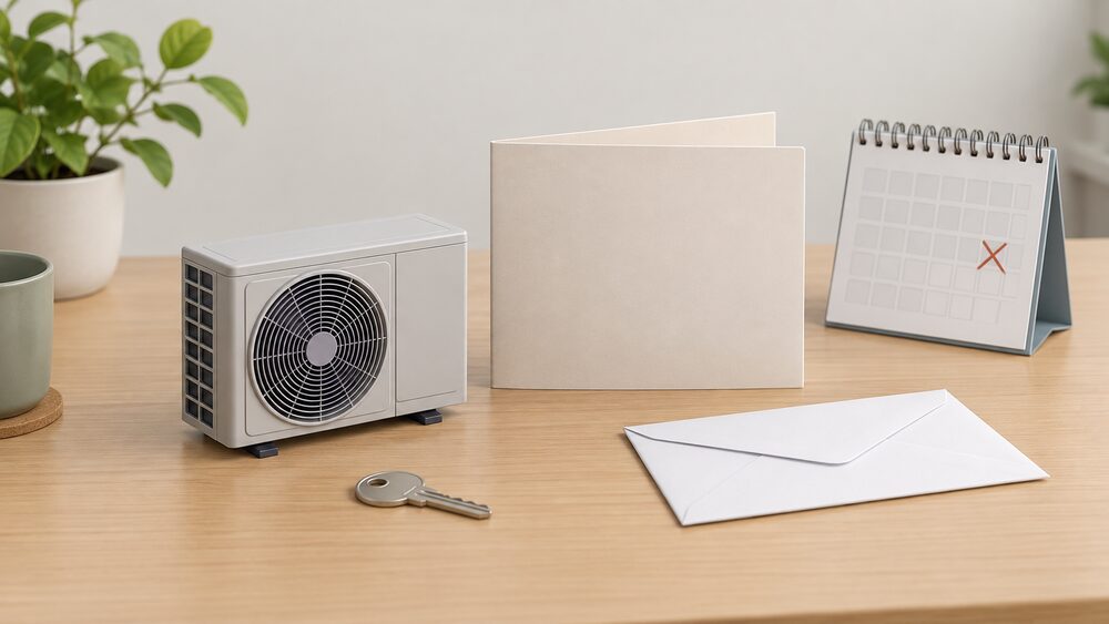 A small model of an air source heat pump standing beside a closed blank voucher folder on a table, with a sealed envelope, a house key and a wall calendar with a crossed-off date, suggesting a grant scheme that has ended.