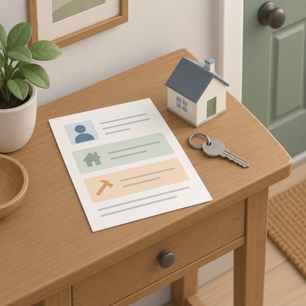 A simple paper voucher lying on a hall table beside a house key, drawn as a physical document with blank lines and plain colour blocks standing for the named applicant, the named measure and the named property address, with a small model house beside it.