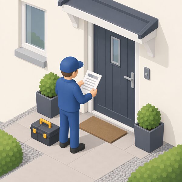 A small simplified installer figure stands at a house front door holding a printed registration document, checking it over before beginning work, with a toolbox resting on the ground beside them and the property entrance behind.