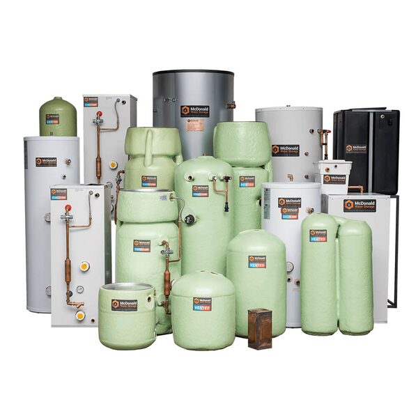A group shot of McDonald Water Storage hot water cylinders and tanks in various sizes, some with green foam insulation cladding and some white or black cased units