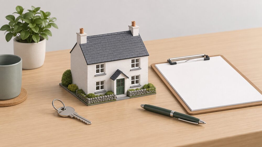 A small plain model of a Welsh house sits on a table beside a clipboard holding blank assessment paperwork, a pen, and a house key, representing a funded whole home assessment and a loan offer for energy efficiency improvements.