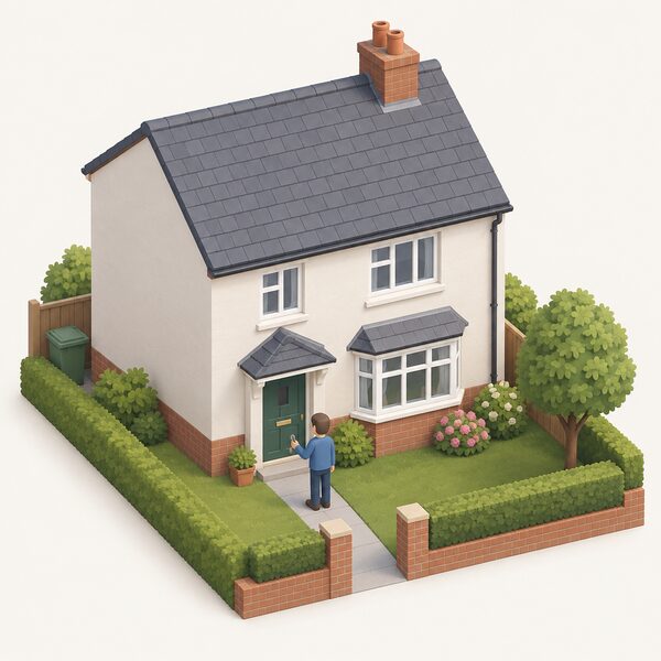 A simplified isometric homeowner stands on the front path of an established, plainly styled Welsh domestic house, holding keys and facing the front door, with a modest garden and no signage, showing an owned, lived-in primary residence rather than a new build or rental property.