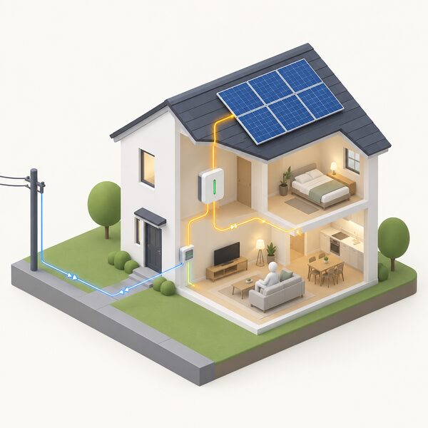 A simple isometric house with solar PV panels on its pitched roof, a battery unit on an inside wall connected to the panels and to the incoming electricity supply, with a thin line running from the street supply to the house showing only a small flow reaching the home.