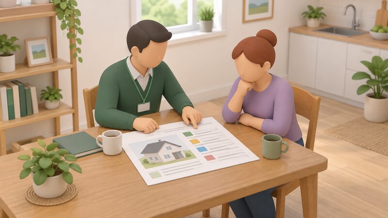 A Retrofit Coordinator and a homeowner sit together at a table in a home, reviewing a printed whole home assessment plan laid out between them, with the coordinator pointing to a section of the document as they discuss the proposed order of improvement work.