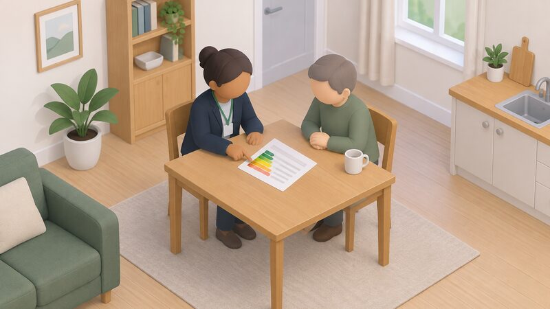 A council energy adviser and a householder sit together at a table in a home, reviewing a printed Energy Performance Certificate sheet showing a simple colour band, with the adviser pointing at it as they discuss it.