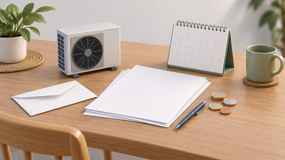 A kitchen table with blank application paperwork, a plain envelope, a small model of an outdoor air source heat pump unit standing beside the papers, a few coins, and a calendar, suggesting a household working through a grant application.