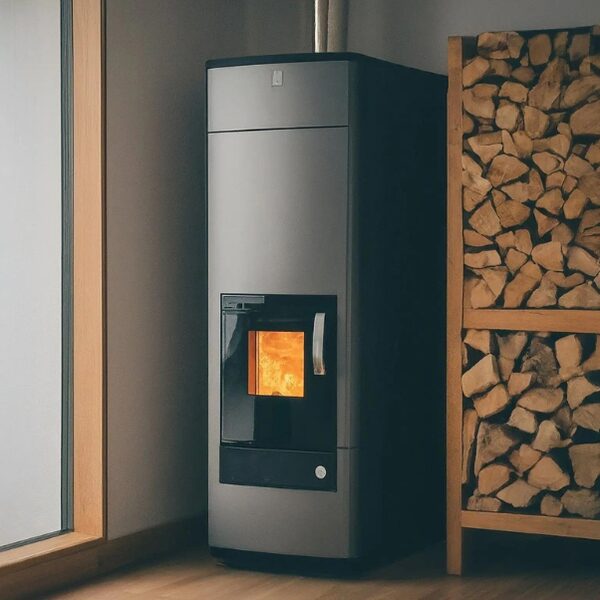 A grey biomass boiler with a lit firebox standing next to a wooden rack of stacked firewood in a room