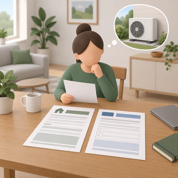 A printed insulation exemption template document lying on a table beside a voucher application form, in a home where a heat pump installation is planned, shown as physical paperwork with blank lines and plain blocks instead of readable content.