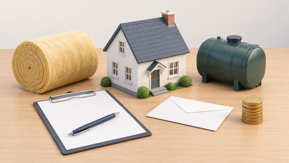 A small model house sits centrally on a table beside a roll of loft insulation, a compact domestic heating oil tank model, a blank application form on a clipboard, a plain envelope and a small stack of coins, all arranged as a household moment of applying for energy grant help.