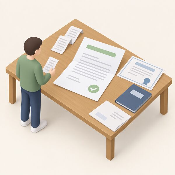 A plain approval letter lying open on a wooden table, surrounded by supporting paperwork including folded receipts, a certificate sheet and a small bound document, with a simplified isometric figure standing beside the table holding one receipt.