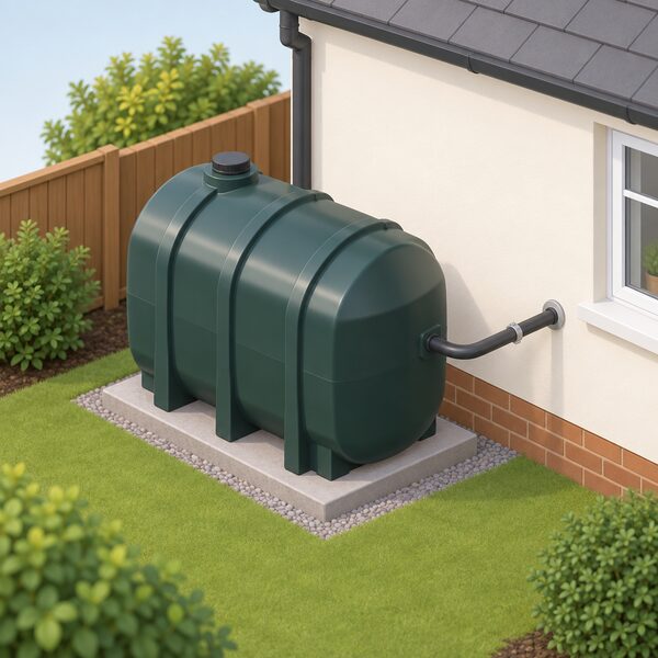 A plastic domestic heating oil tank standing on a base in a house's back garden, with a fill point cap and a pipe running to the house wall, showing bulk fuel stored at home.
