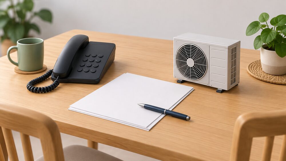 A kitchen table with blank application paperwork, a pen, a telephone and a small model of an air source heat pump outdoor fan unit standing beside the papers, suggesting a household applying for a grant to install a heat pump.