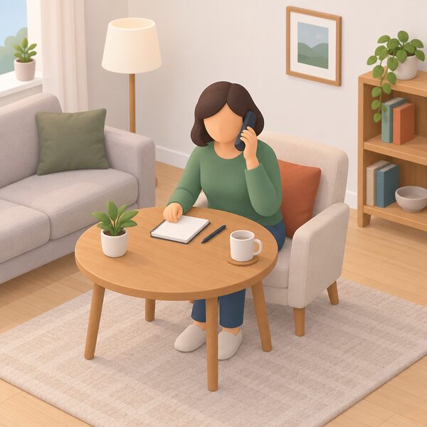 A simplified householder sits at a table in a ordinary UK living room making a phone call on a cordless handset, with a notepad and pen beside them for taking notes during the free advice call.
