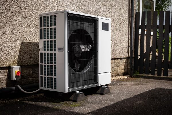 An air source heat pump unit installed outside a house wall next to a wooden gate