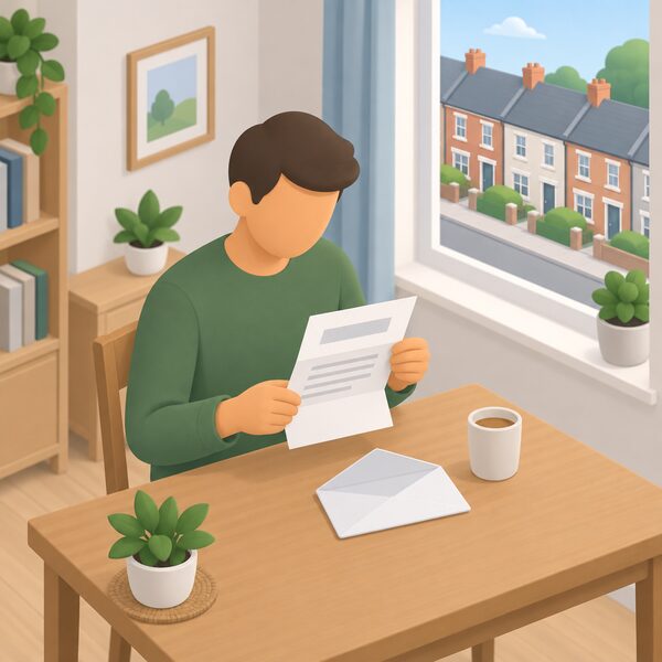 A homeowner standing at a table by a window of their home, opening an envelope and unfolding a formal letter of offer from the council, with a simplified view through the window of a terraced street of neighbouring houses being treated under the scheme.