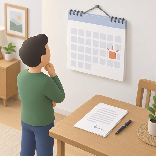 A wall calendar hanging in a home interior with a single marked block nine months ahead of a signed funding agreement lying on a nearby table, showing the deadline for completing installation and submitting the final claim.