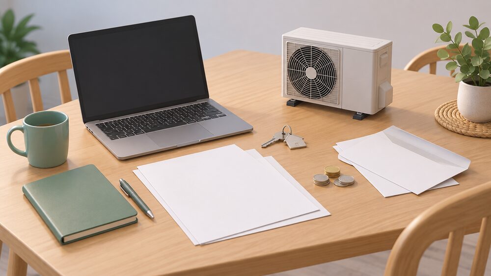 A kitchen table with blank application paperwork, a blank-screen laptop, a house key, a small model of an air source heat pump fan unit and a few coins beside an unsealed envelope, suggesting a homeowner applying for energy grant funding.