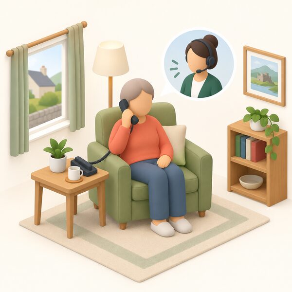 A simplified isometric householder seated in a Welsh living room holding a phone to their ear, with a small handset base on a side table, receiving free impartial energy advice over the phone, the call itself shown simply without any readable text or numbers.