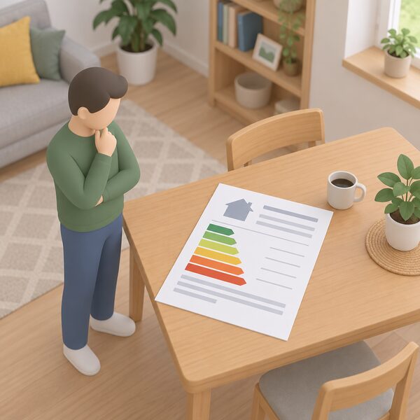 An Energy Performance Certificate as a physical document lying on a table inside an owner-occupied home, with a simplified isometric figure of the homeowner standing beside it, the certificate showing a plain colour rating band chart with blank lines instead of readable text.