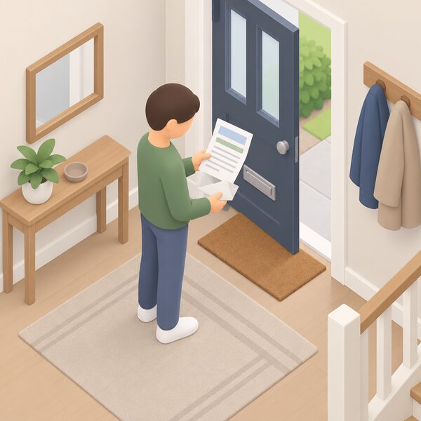 A homeowner standing in their hallway holding an opened envelope and a funding offer letter, reading it at their front door just after the post has arrived, with the letter shown as a physical sheet carrying only blank lines and plain colour bands.